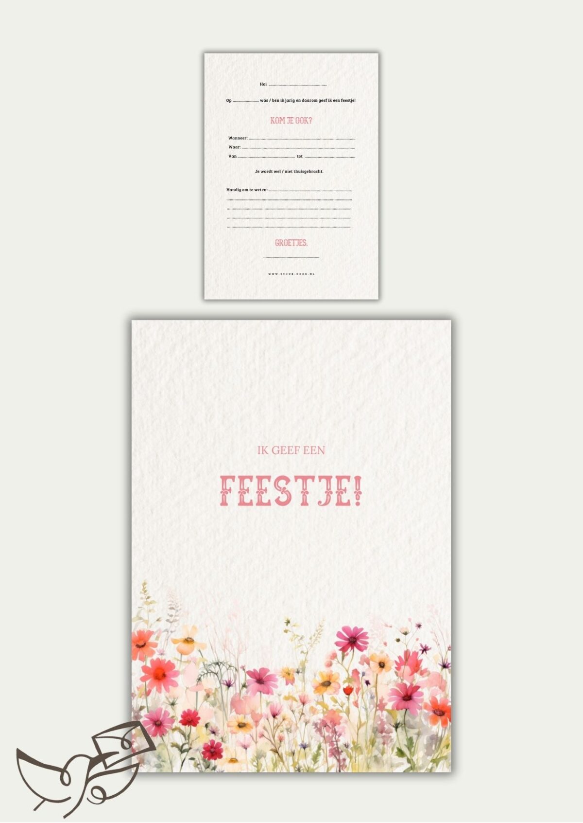 Uitnodigingskaart feestje roze bloemen
