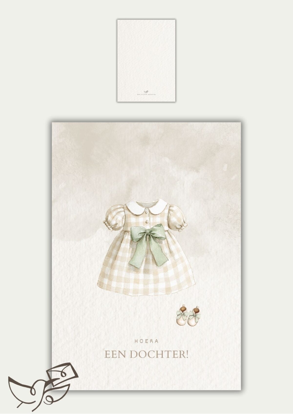 Kaart geboorte dochter geruit jurkje groene strik