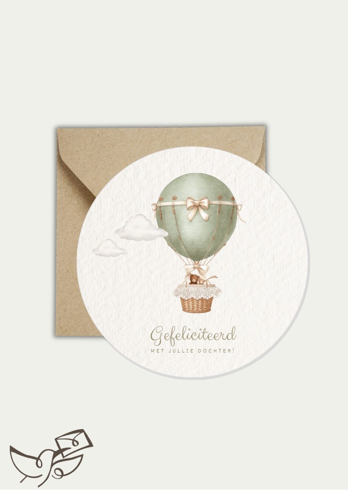 Ronde kaart geboorte dochter luchtballon (nieuwe papiersoort, glad en glanzend)