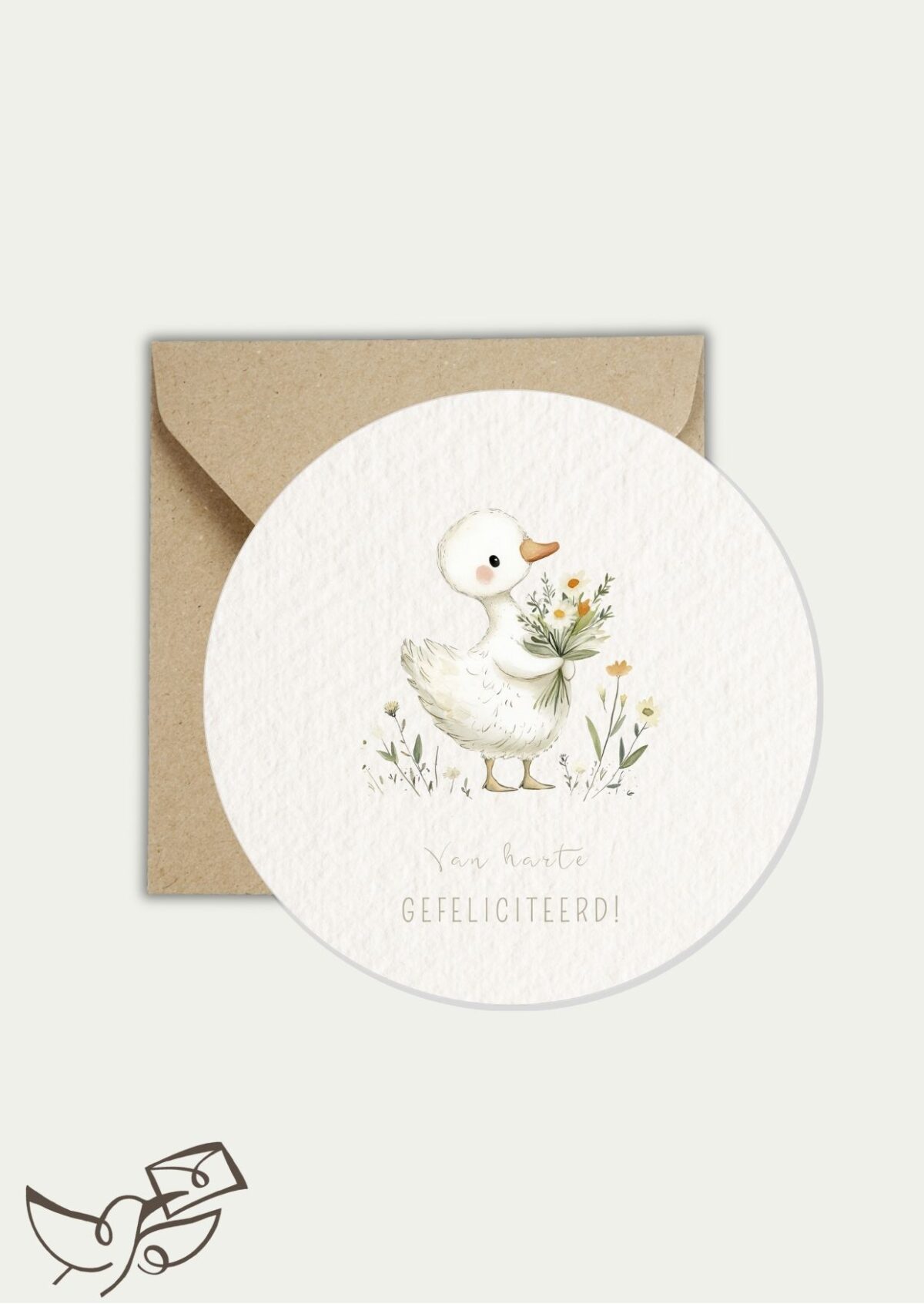 Ronde kaart gefeliciteerd eendje met bloemen (nieuwe papiersoort, glad en glanzend)