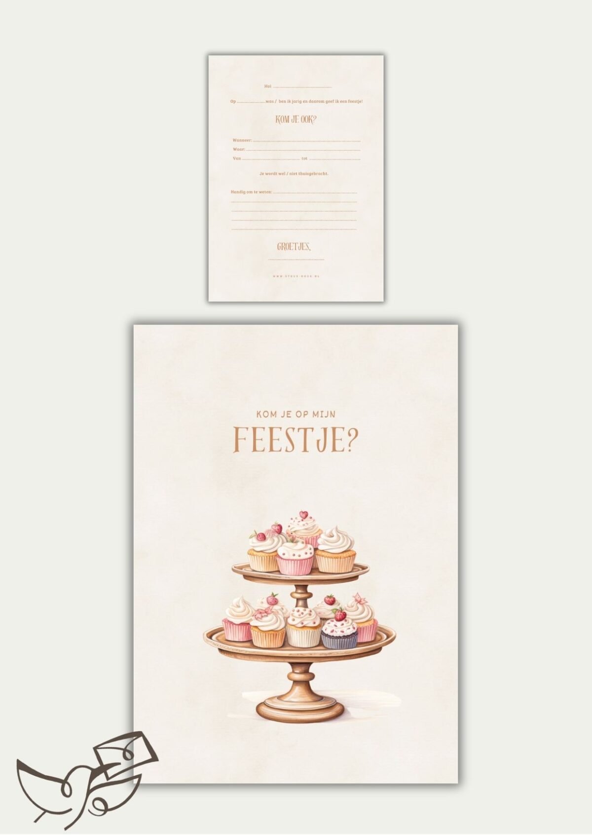 Uitnodigingskaart feestje cupcakes etagère